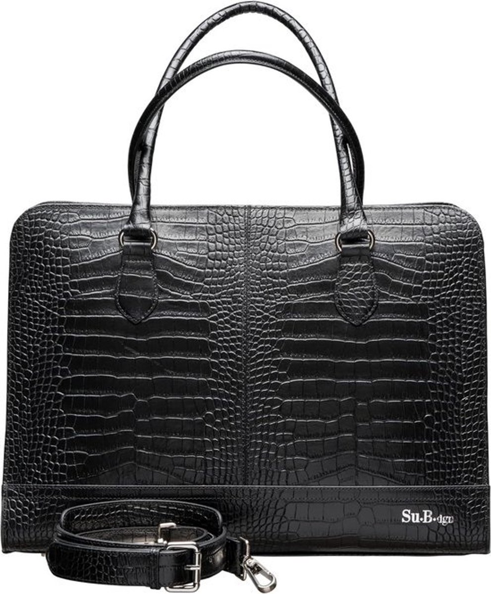 Laptop Bag 15.6 inch - Croco Print Leather - Dutch Design - Made in Italy - Shoulder Bag with Laptop Compartment - Black