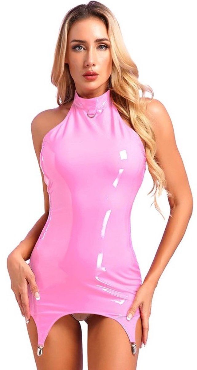 Sexy Lakleren Mini Jurk met Kousenband Dames - Strakke Nauwsluitende Club Kleding
