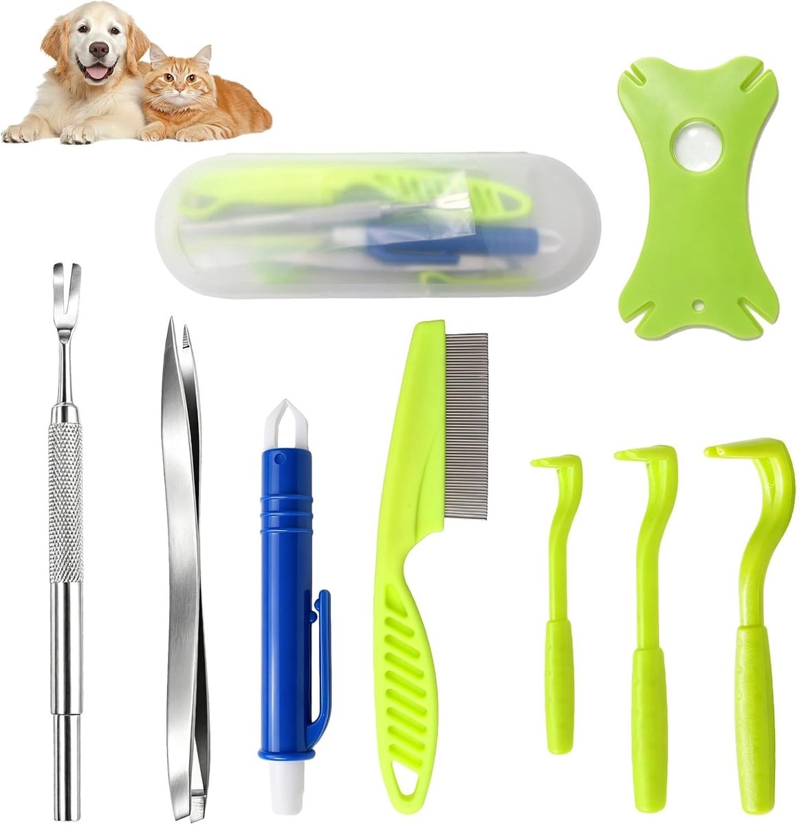 Complete Set Tekenpincetten, 9-in-1 met Opbergdoos, Veilig Teken Verwijderen voor Mens en Hond, Inclusief Tekenkaart en Handige Opbergoplossing