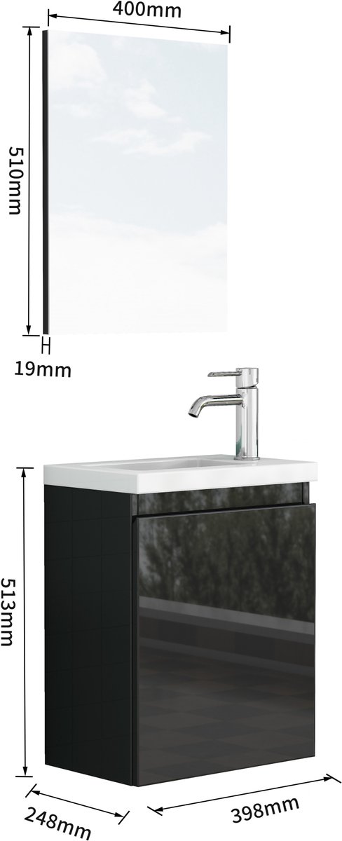 OKWISH Halmeubel - Wandgemonteerde Badkamermeubelset Met Keramische Wastafel en Spiegel - Greeploos - Hoogglans Zwart MDF - 39,8x24,8x51,3 cm