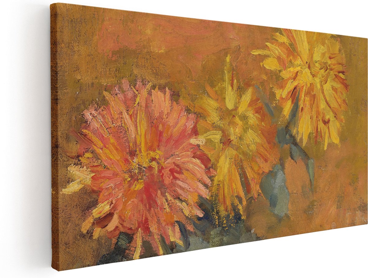 Artaza Canvas Schilderij Stilleven - 180x90 cm - Groot - Wanddecoratie Bloemen - Muurdecoratie Olieverf Chrysanten - Schilderijen Op Canvas Herfst - Oranje