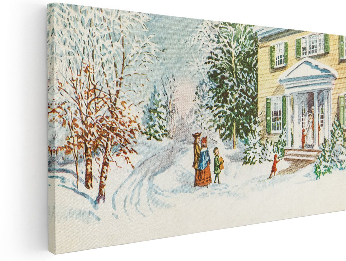Artaza Canvas Schilderij Besneeuwd Huis - 180x90 cm - Groot - Vintage Wanddecoratie Winter - Muurdecoratie Landschap - Kamer Accessoires