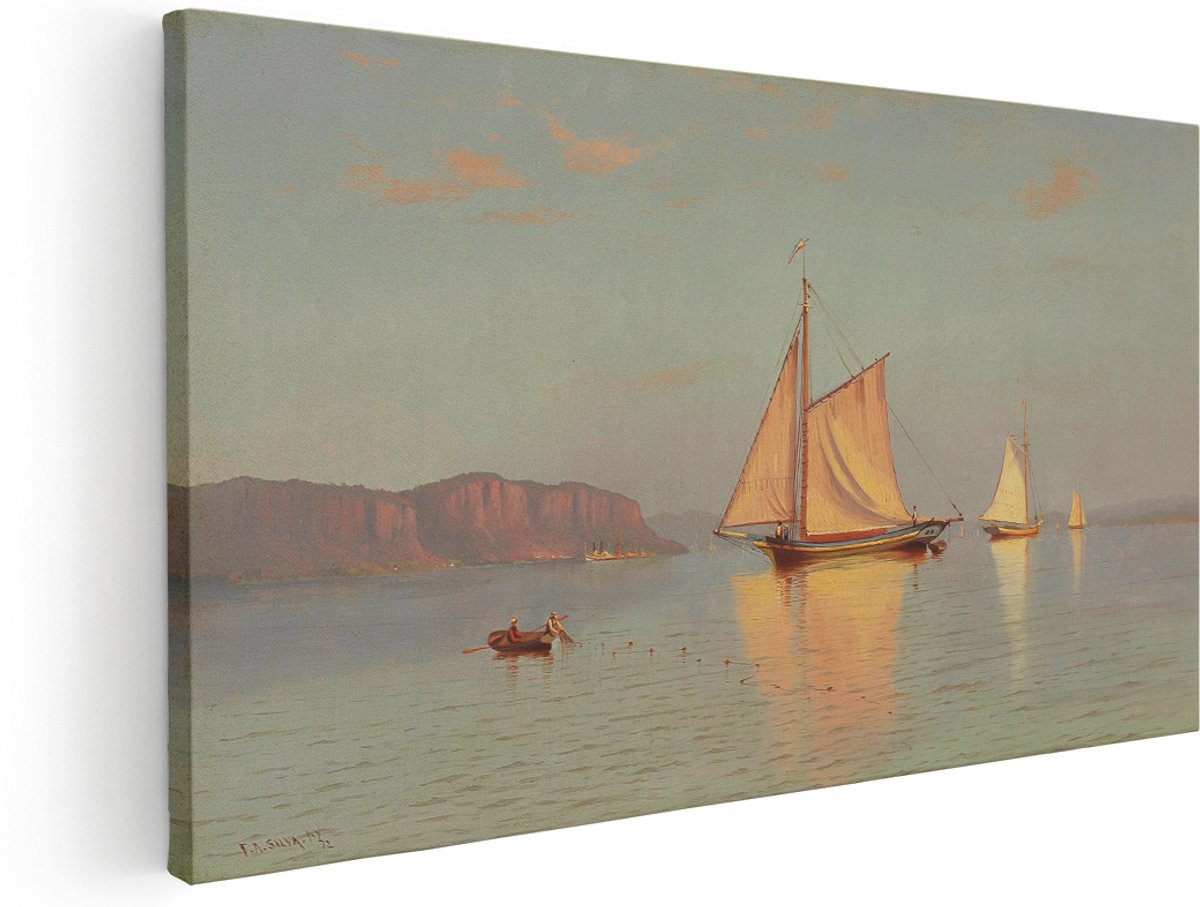 Artaza Canvas Schilderij Zee - 180x90 cm - Groot - Wanddecoratie Zeilboot - Muurdecoratie Zonsondergang Landschap - Decoratie Bergen - Kamer Accessoires