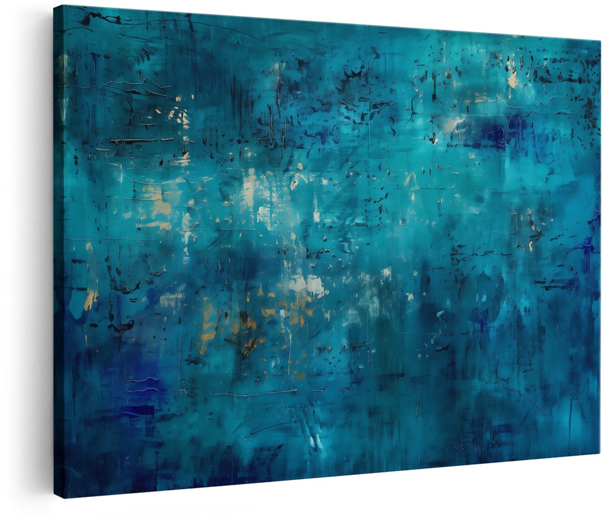 Artaza Canvas Schilderij Abstract met Blauw en Goud - 180x120 cm - Groot - Wanddecoratie Woonkamer - Schilderijen - Muurdecoratie