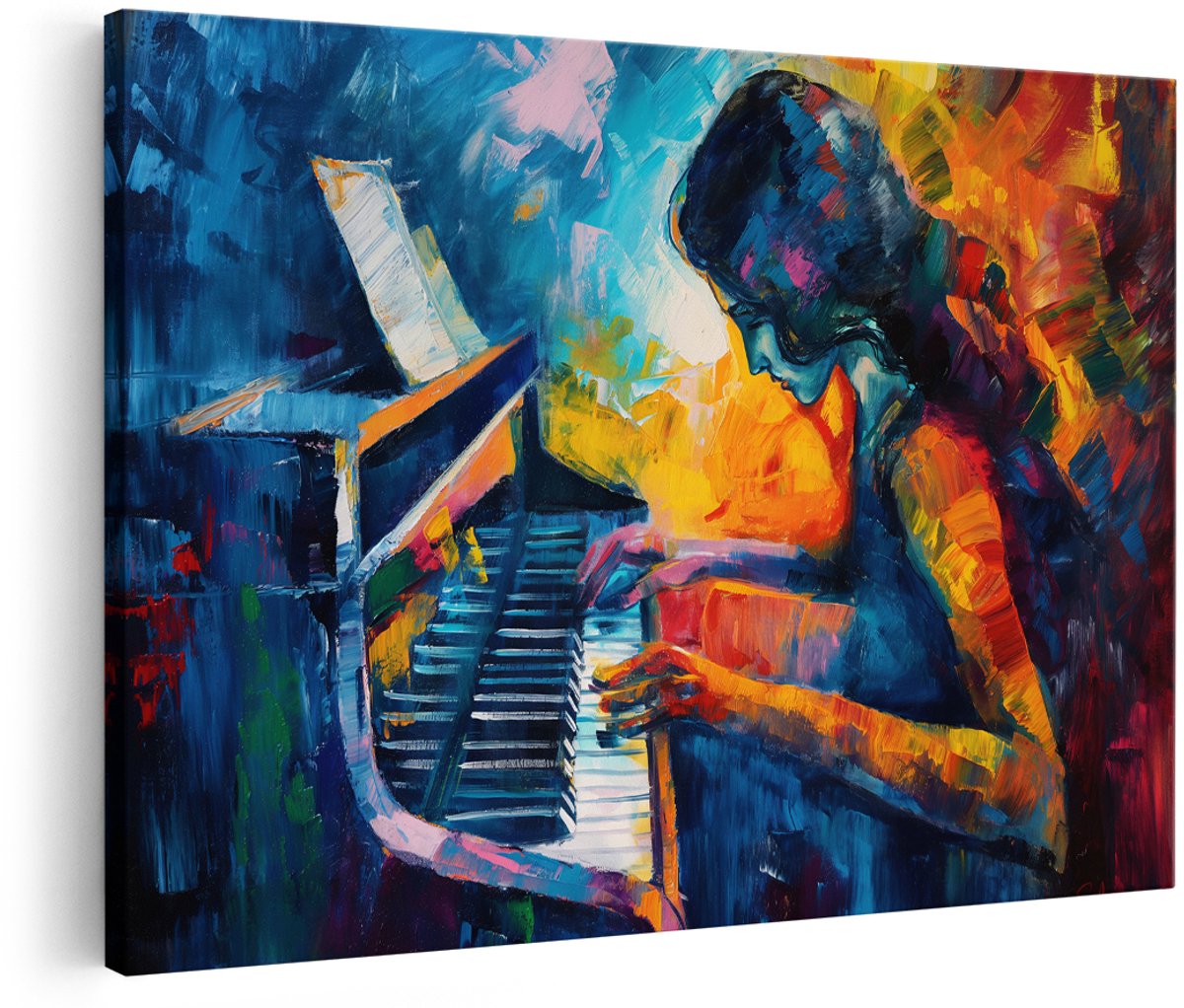 Artaza Canvas Schilderij Vrouw Achter Piano - 180x120 cm - Groot - Abstracte Wanddecoratie - Muurdecoratie Muziek - Kleurrijk Schilderijen Op Canvas