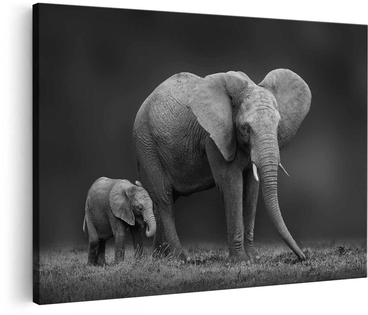 Artaza Canvas Schilderij Olifant Moeder En Zoon - Zwart Wit - 180x120 cm - Groot - Wanddecoratie Woonkamer - Schilderijen - Muurdecoratie