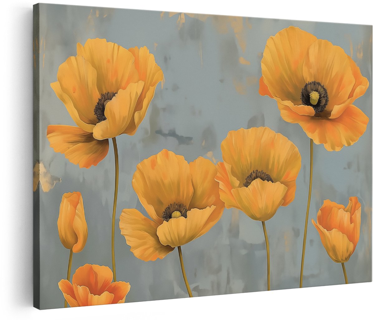 Artaza Canvas Schilderij Oranje Klaprozen op een Grijze Achtergrond - Bloemen - 180x120 cm - Groot - Wanddecoratie Woonkamer - Schilderijen - Muurdecoratie