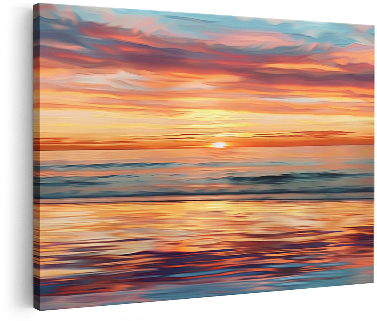 Artaza Canvas Schilderij Kleurrijke Zonsondergang op het Strand - Zonsondergang - 180x120 cm - Groot - Wanddecoratie Woonkamer - Schilderijen - Muurdecoratie