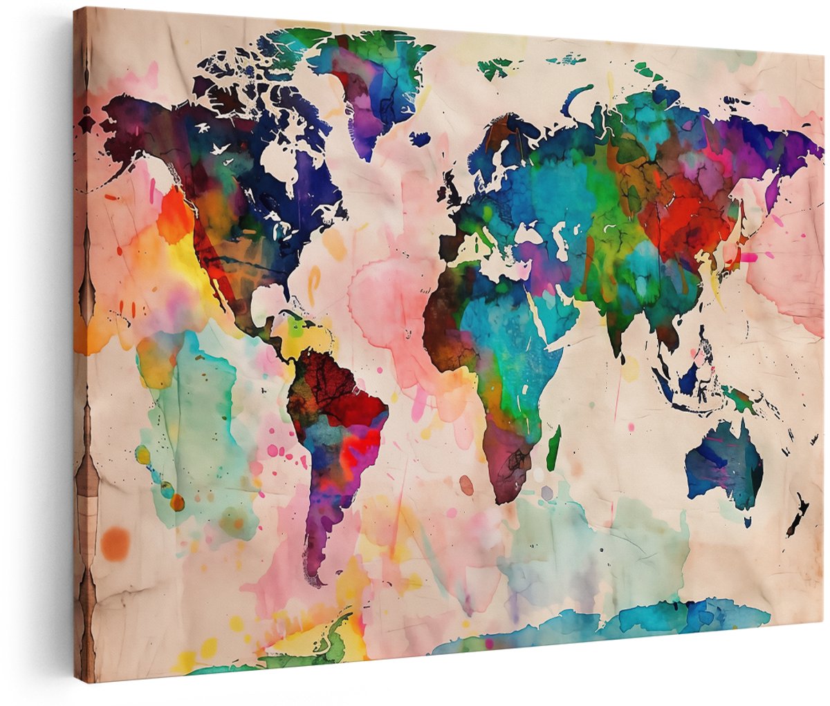 Artaza Canvas Schilderij Aquarel Wereldkaart op een Stuk Papier - 180x120 cm - Groot - Wanddecoratie Woonkamer - Schilderijen - Muurdecoratie