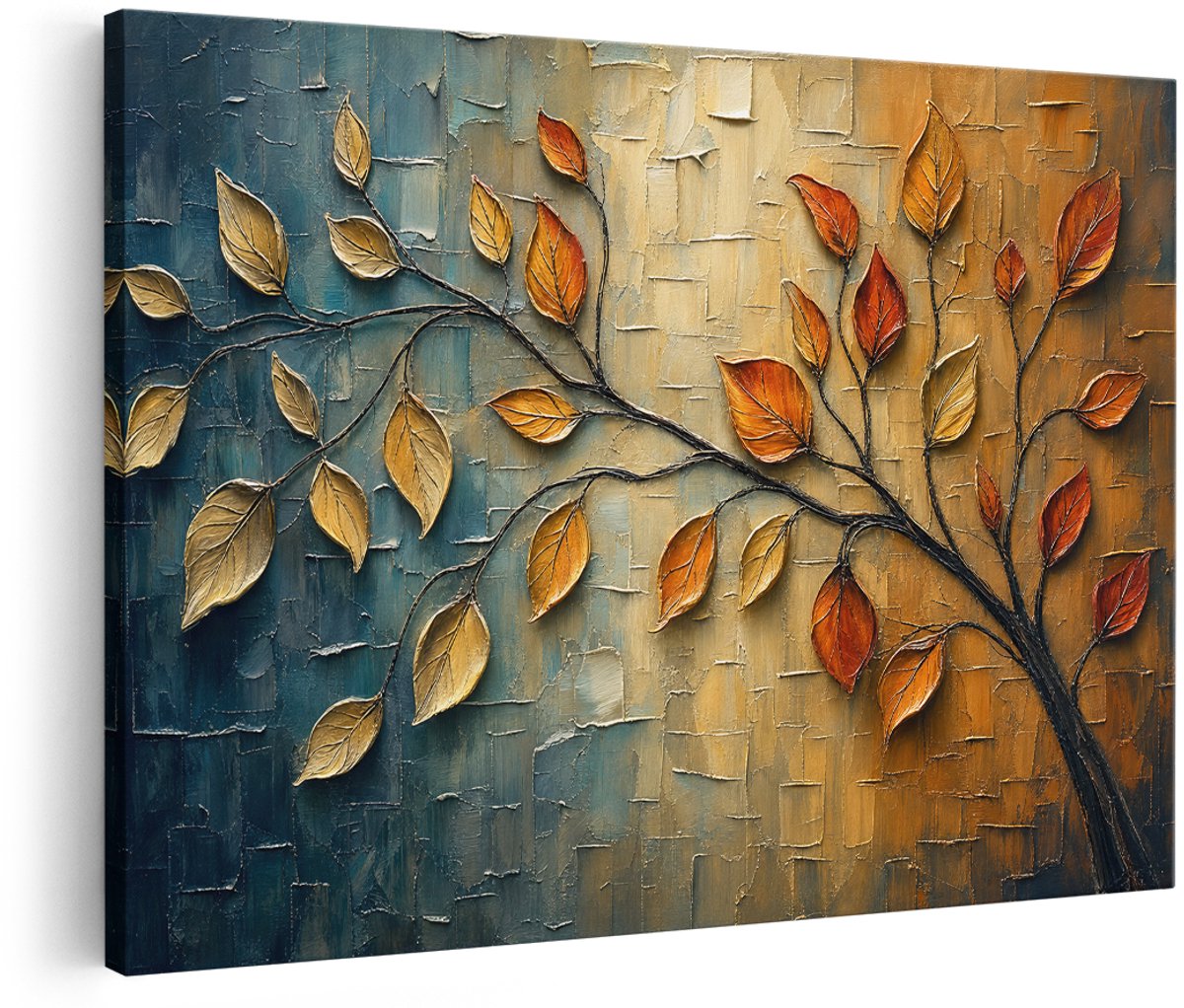 Artaza Canvas Schilderij Abstracte Boom Met Goudgele En Oranje Bladeren - 180x120 cm - Groot - Wanddecoratie Woonkamer - Schilderijen - Muurdecoratie