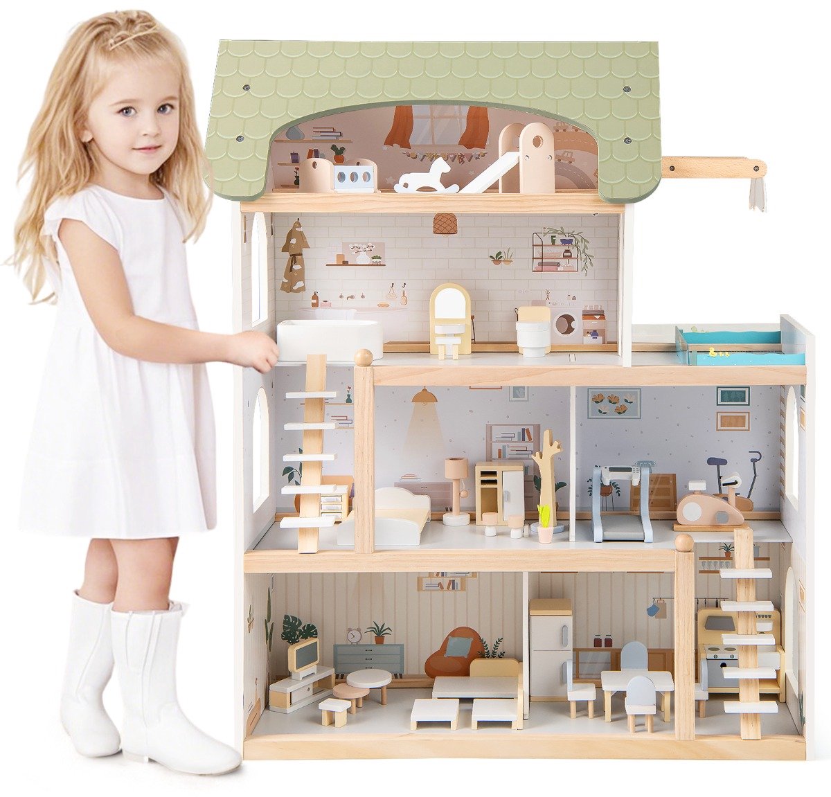 SureDeal® - Rollenspell - Kinderen Houten Poppenhuis - Meubels DIY Speelhuis - Balkon - Zwembad Poppenhuis Lichtgroen - 63x25x78 cm - Groen