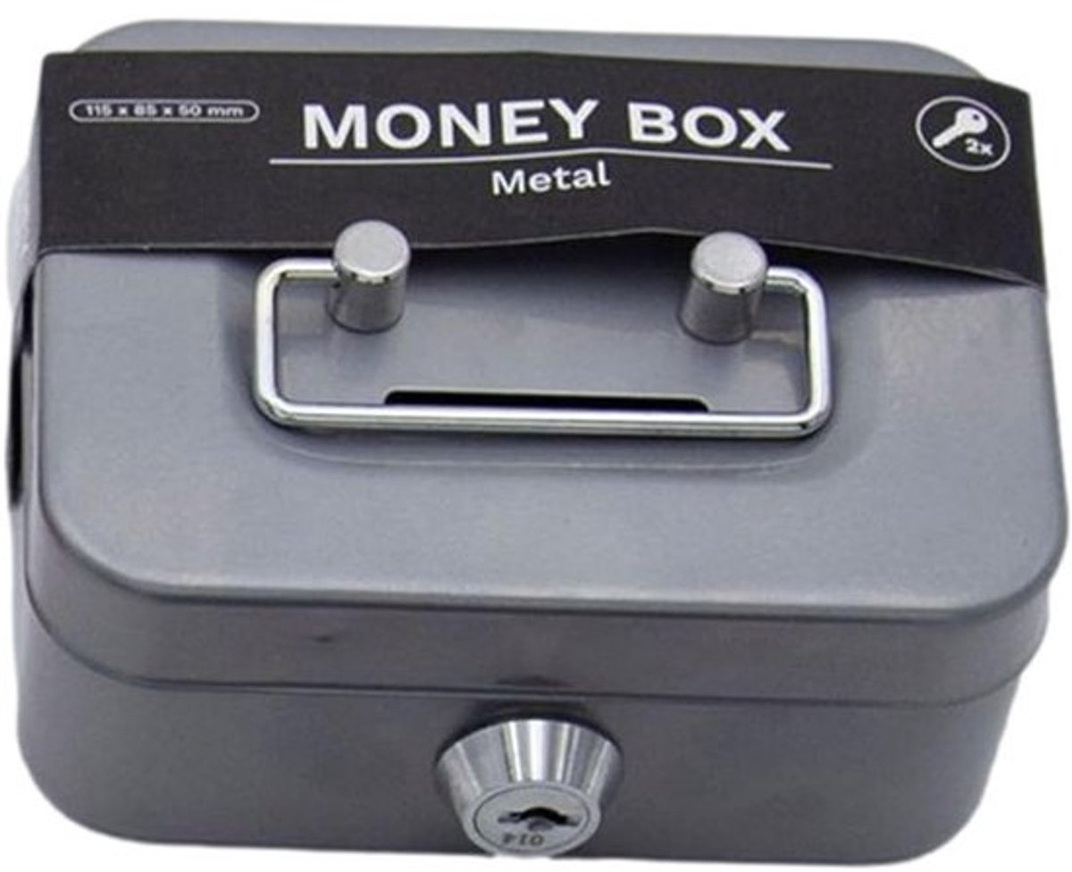 Metalen Spaarpot - Geldkluisje - Veilig Opbergen - Inclusief Twee Sleutels - 11.5 x 8.5 x 5.8 cm - Grijs