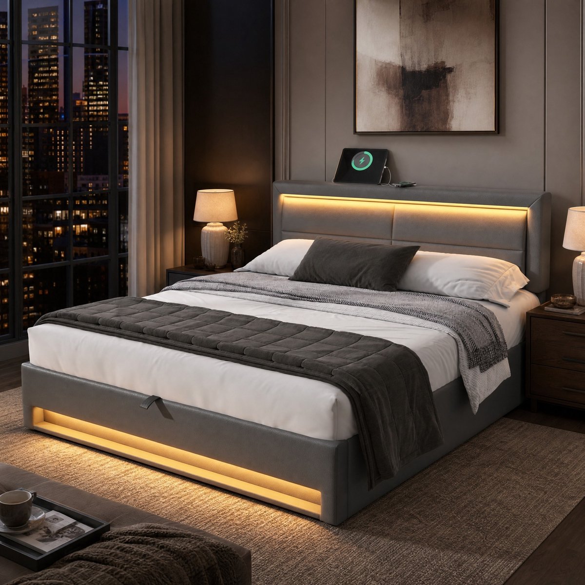 Wishdor Tweepersoonsbed 140 x 190 cm - Gestoffeerd bed met led-verlichting, usb-oplaadfunctie en opbergruimte - Grijs