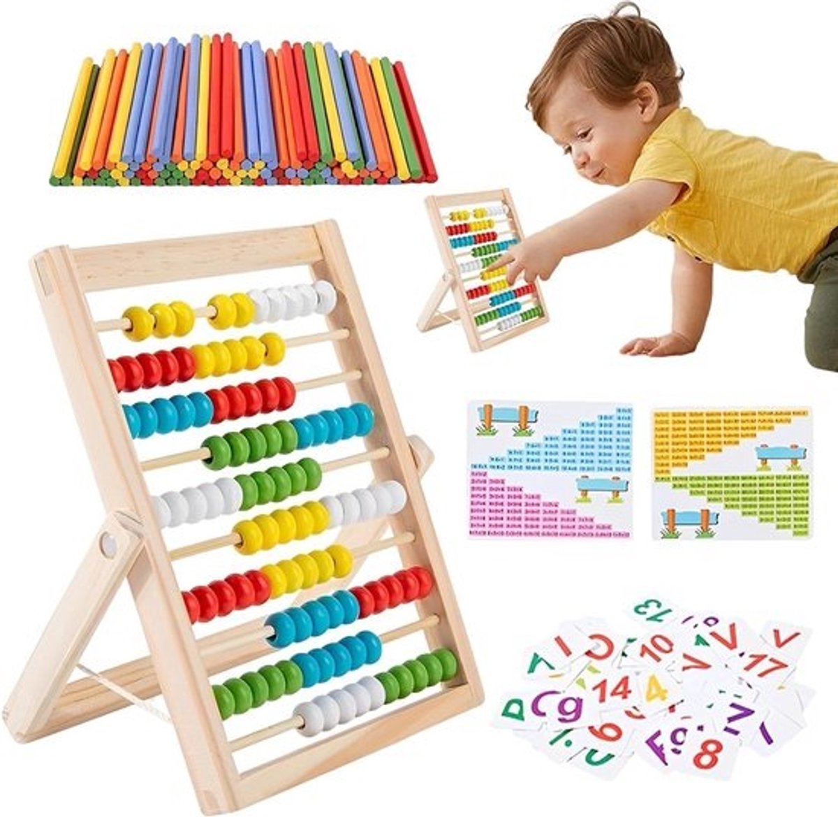 Houten Telraam - Rekenrek Kinderen - Vroeg Leren - Fijne Motoriek - 23.7 cm - Kleurrijk