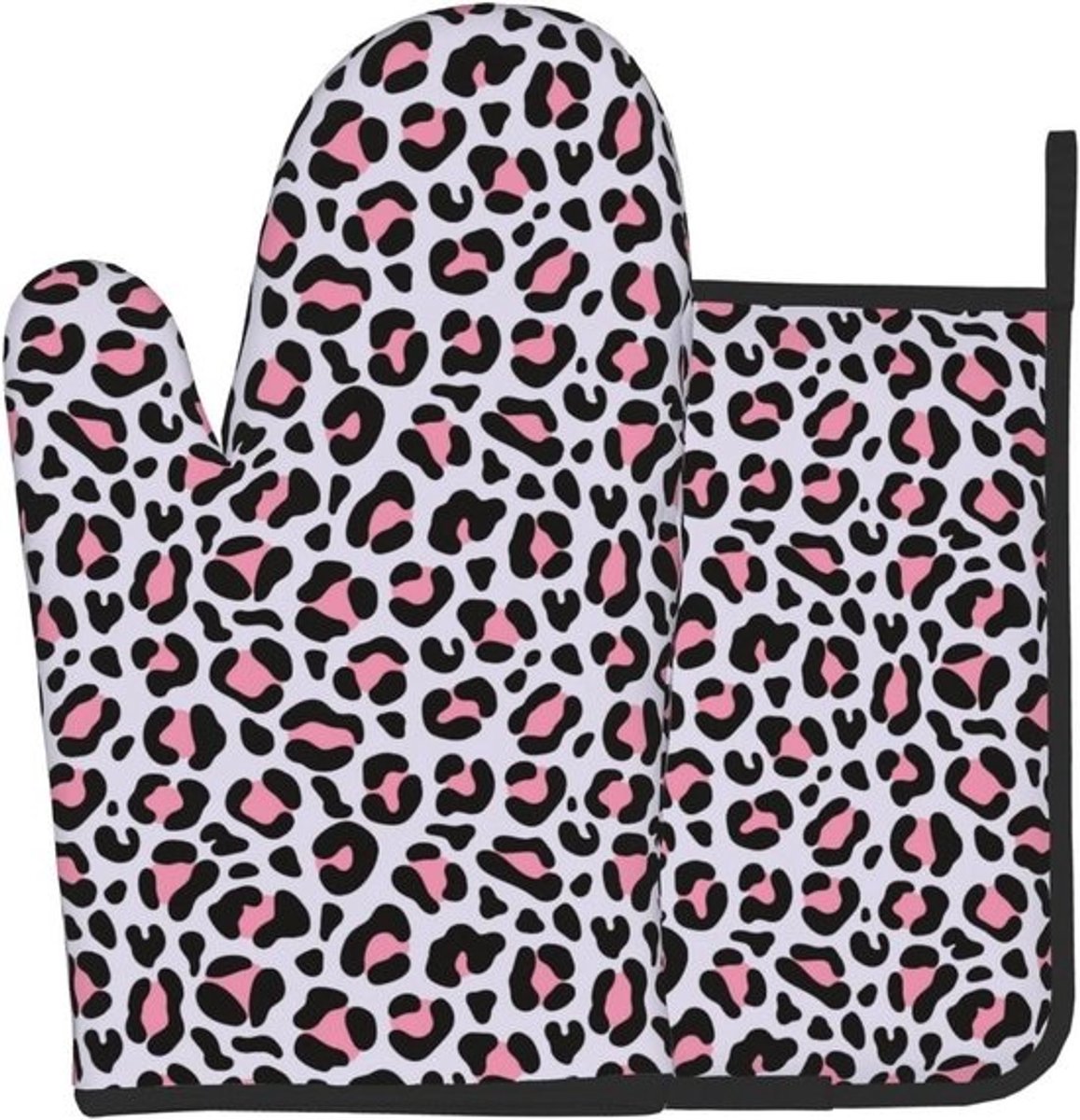 Ovenwanten en Pannenlap - Keukenhandschoenen Hittebestendig - Veilig Koken - Waterdicht Polyester - 18.5 x 28 cm - Roze Luipaard