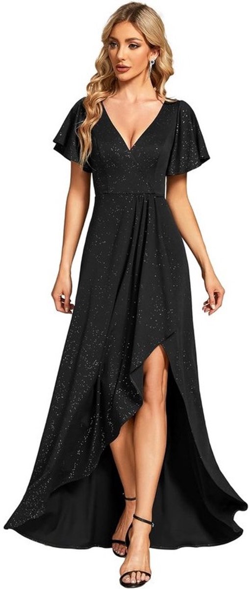 Chique Lange Avondjurk V-Hals Korte Mouwen Asymmetrische Split Dames Jurk