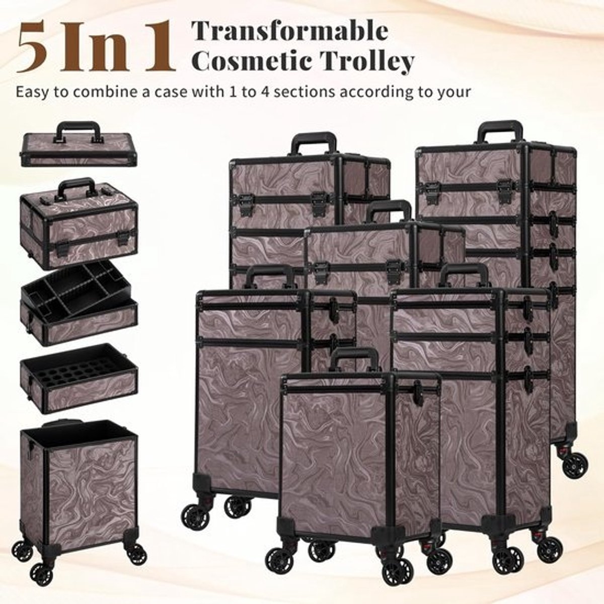 Verrijdbare Make-up Koffer Trolley 5-in-1 Cosmetica Organizer Reistas met Slot voor Stylist en Nagelartiest
