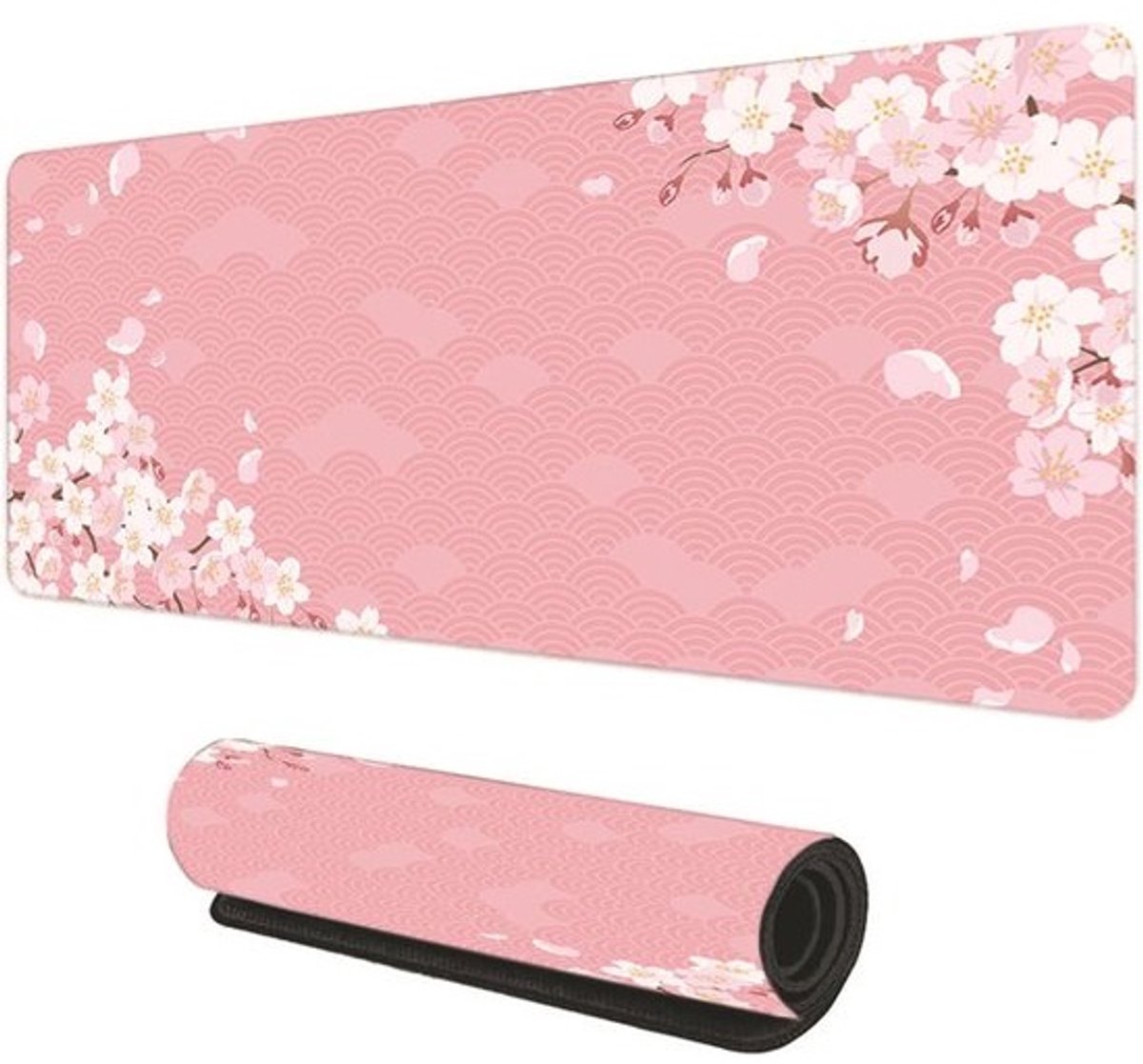 Grote Gaming Muismat 80x30cm met Kersenbloesem Design - Antislip Bureaumat met Gestikte Randen