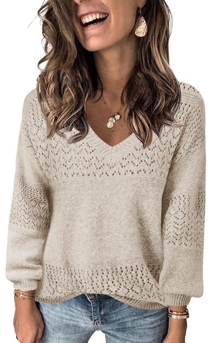 Dames V-hals gebreide trui met lange mouwen - casual lichte gehaakte sweater