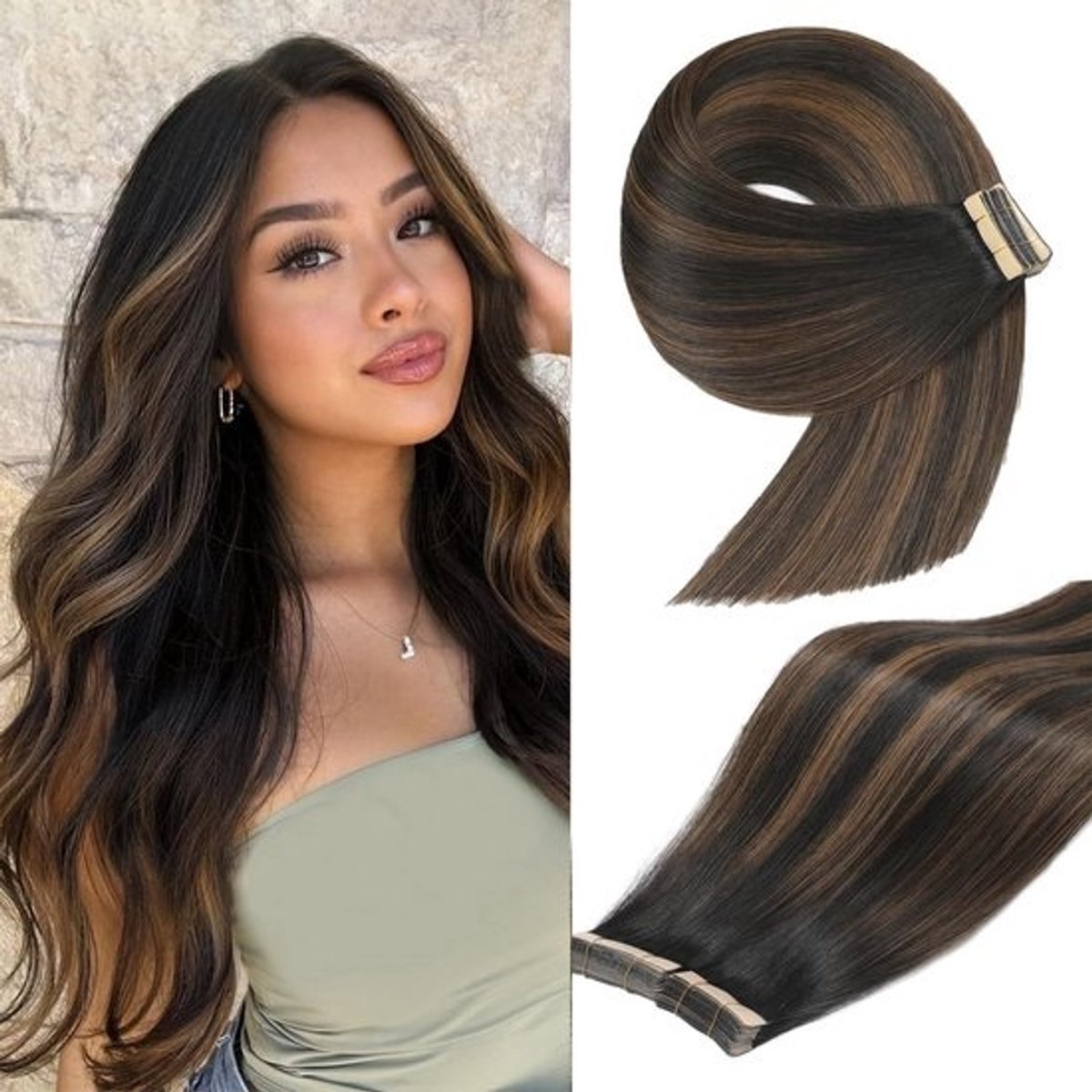 Haar Extensions Tape In Echte Haar 40 Stuks Natuurlijke Zwart Kastanjenbruin 14 Inch
