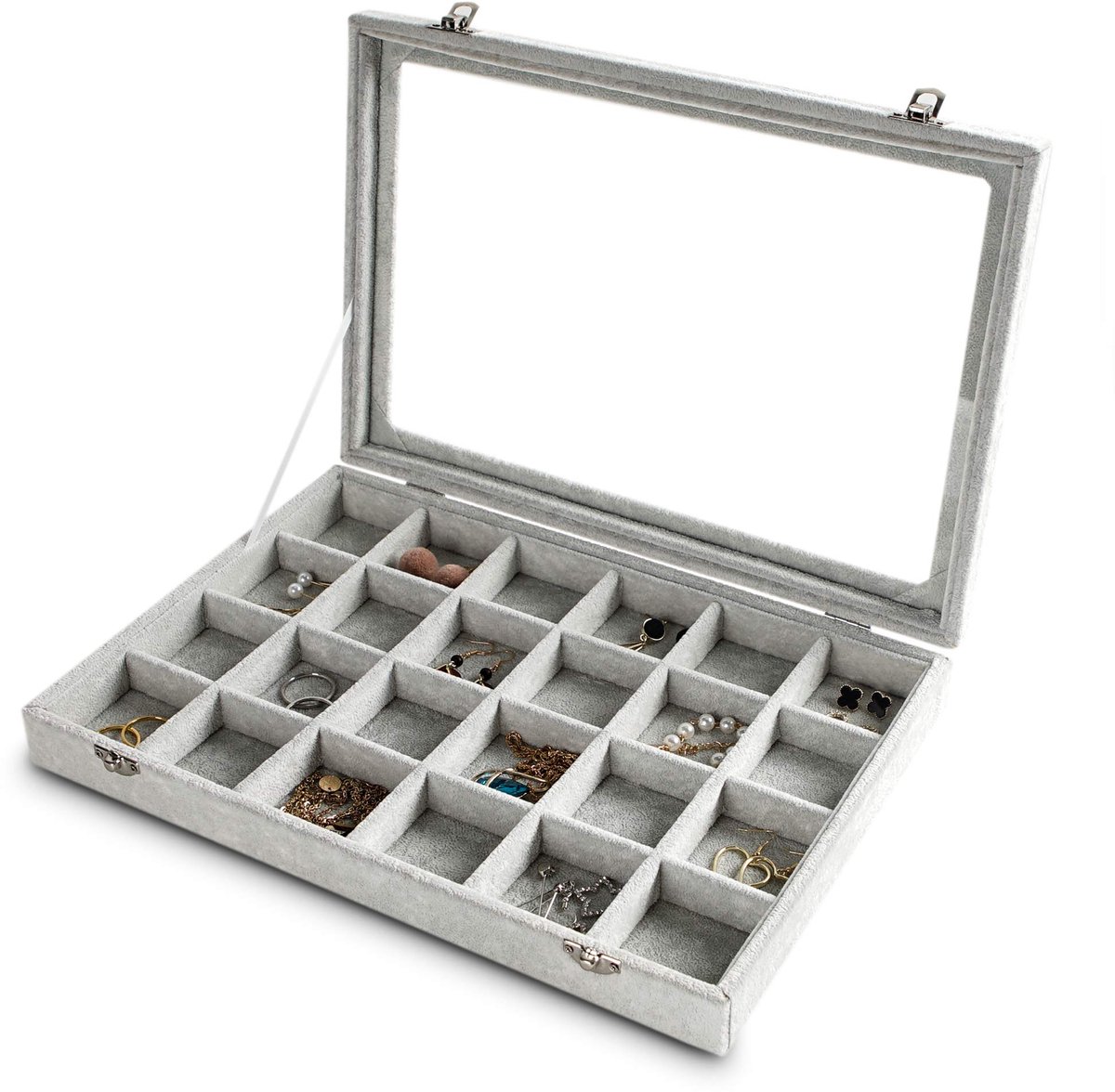 Dailygoods - Sieraden Trays Velvet Clear Deksel Organizer - Grijs, 24 Grid