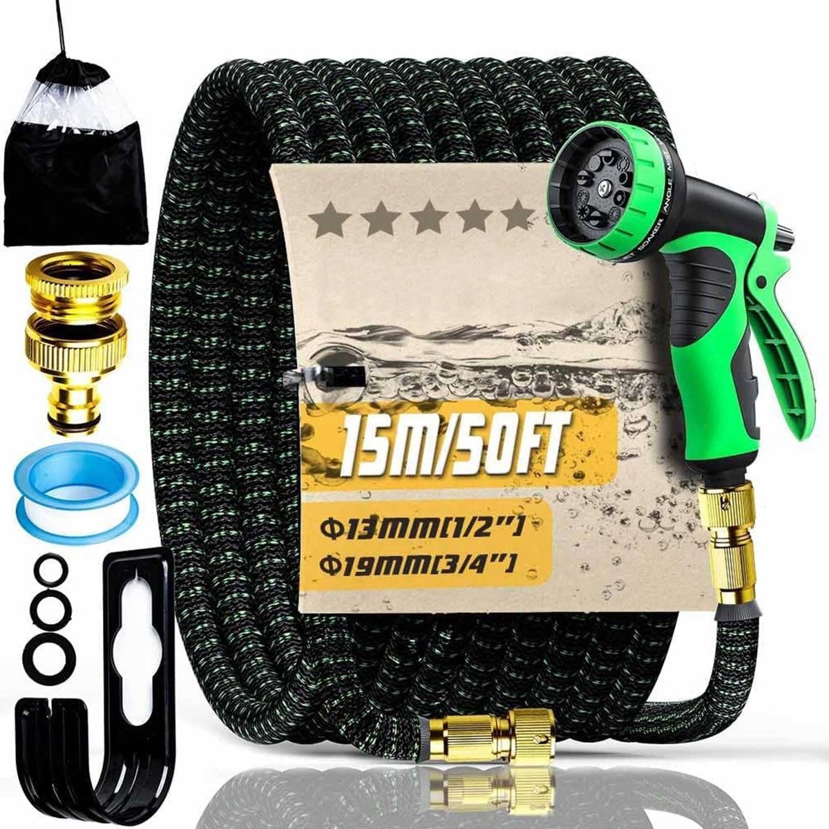 Dailygoods - Tuinslang 15 Meter met 10 Spuitstanden en Kinkvrije Latex