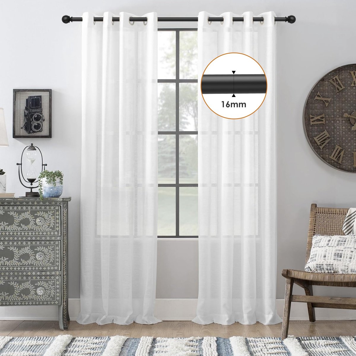 SnelShoppen - Gordijnroede Mat Zwart 67-107 cm, Roestvrij Staal, Wandmontage, 16 mm Diameter, Inclusief Houder, Voor Woonkamer, Slaapkamer, Keuken