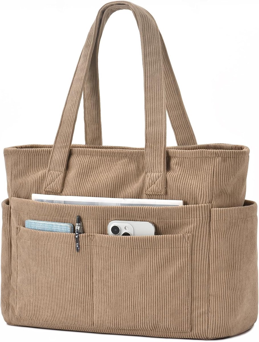 SnelShoppen - Oscaurt Corduroy Tas Dames, Handtas, Shopper, Grote Werktas met Laptopvak, 13 Vakken, Opvouwbare Schoudertas, Tote Bag, Strandtas Kaki,