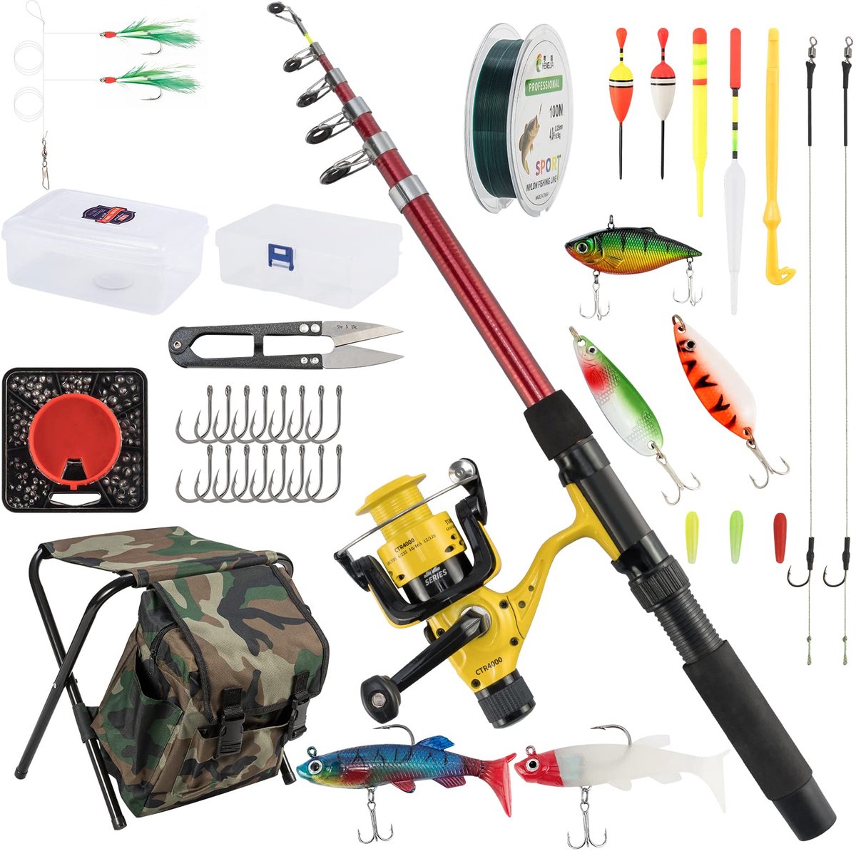 SnelShoppen - Allround Hengel en Haspel Combo - Telescopische Hengel met Spinmolen - Complete Set met Kunstaas Kits en Accessoires in Visgerei Doos en