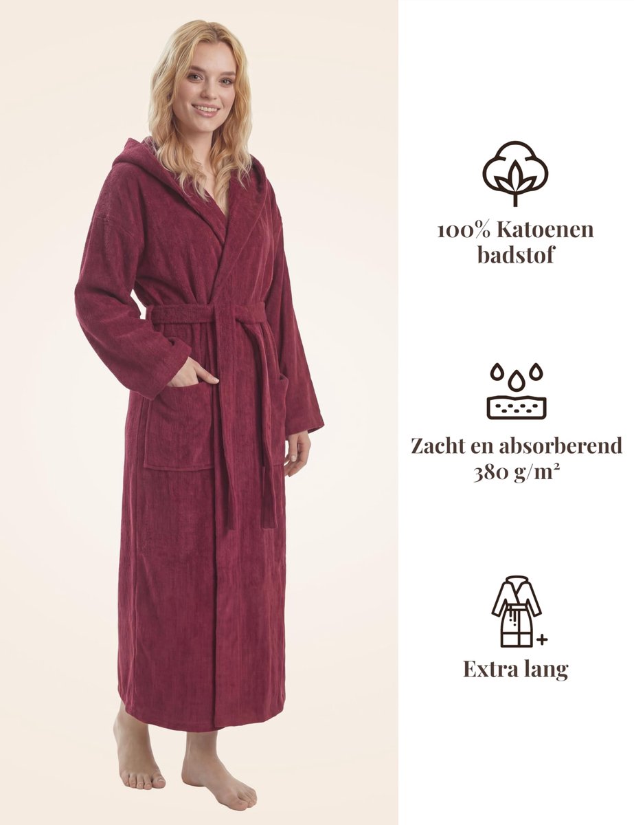 SnelShoppen - Dames Badjas Extra Lang met Capuchon, 100% Katoen Badstof 380 g/m², Rood, XXL Lang voor Thuis, Wellness, Ontspanning en Sauna