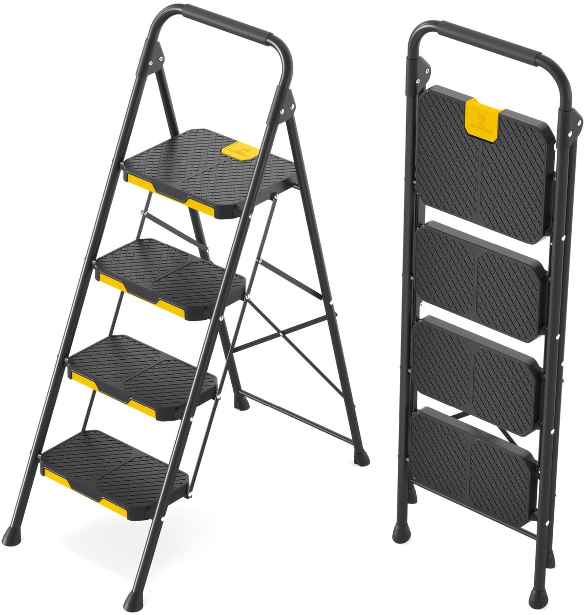 SnelShoppen - 4-traps Huishoudtrap Ladder - Vouwladder met Veilige Vergrendeling - Antislip Pedalen - Brede Leuningen - Zwart - Voor Keuken Thuis en M