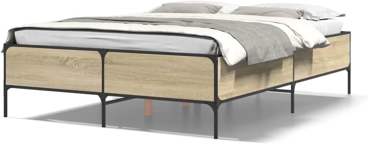 Bedframe Hout Metaal - Beddenframe Slaapkamer - Rustige Slaap Creëren - Vochtbestendig Materiaal - 160 x 200 cm - Sonoma Eiken