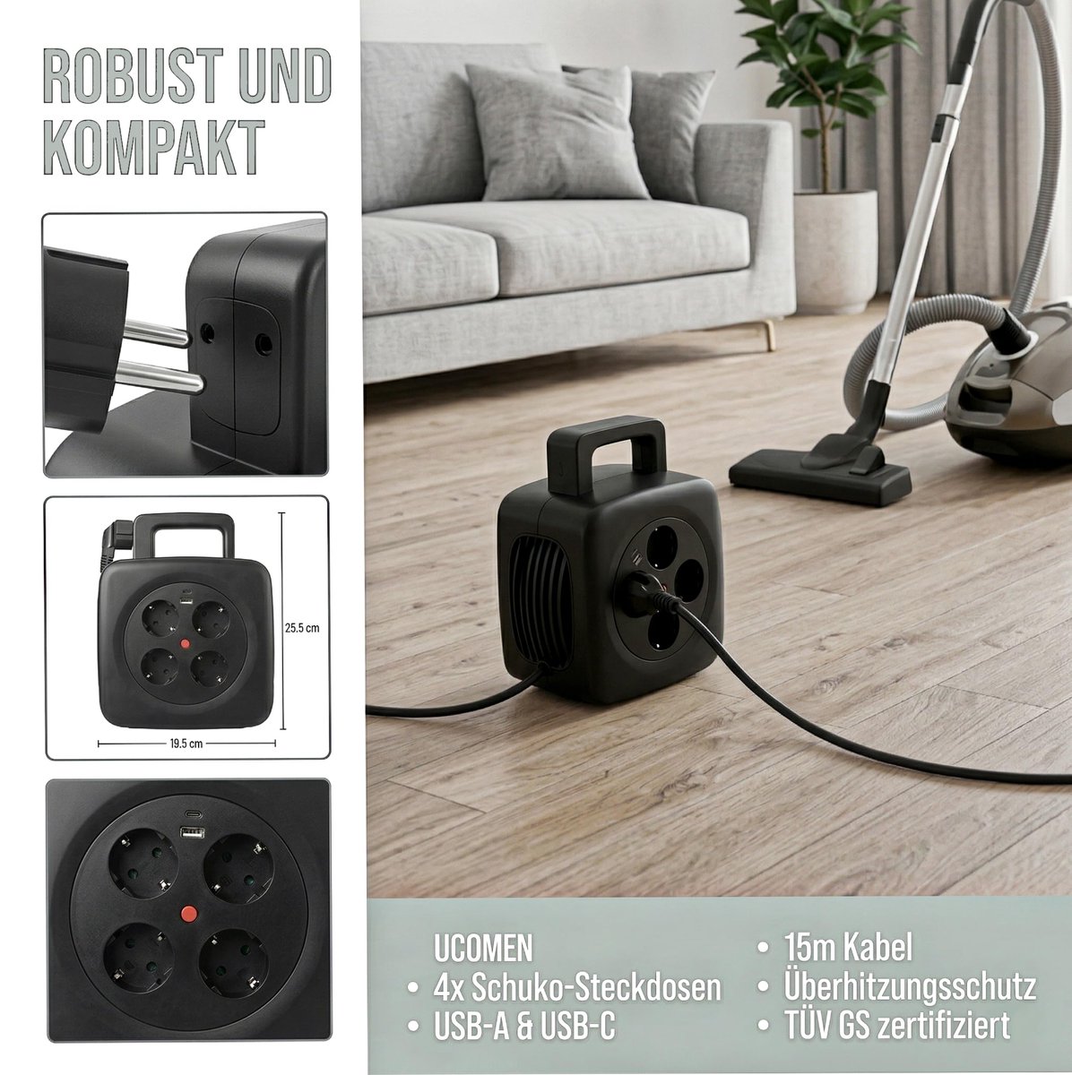 SnelShoppen - Kabelhaspel 15m met USB 20W, TÜV GS-gecertificeerd, thermoschakelaar voor tuin, camping, feest en meer