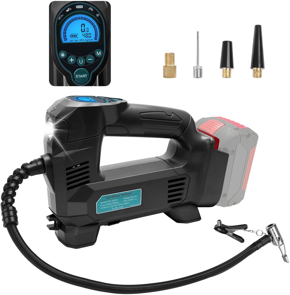 SnelShoppen - Draadloze luchtcompressor voor auto, fiets, motorfiets, ballonnen, 18V accu, multifunctioneel, compact, lichtgewicht, ideaal voor onderw