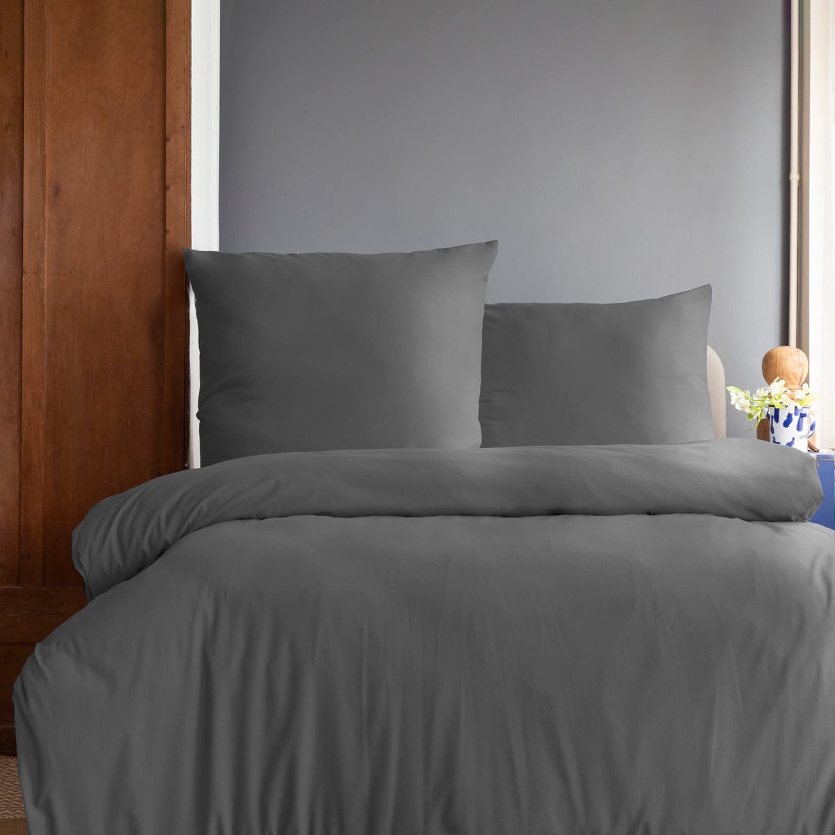 SnelShoppen - Komfortec Premium dekbedovertrek 200 x 200 cm + 2 kussenslopen 80 x 80 cm, superzacht geborsteld microvezel 120 g/m², antraciet beddengo