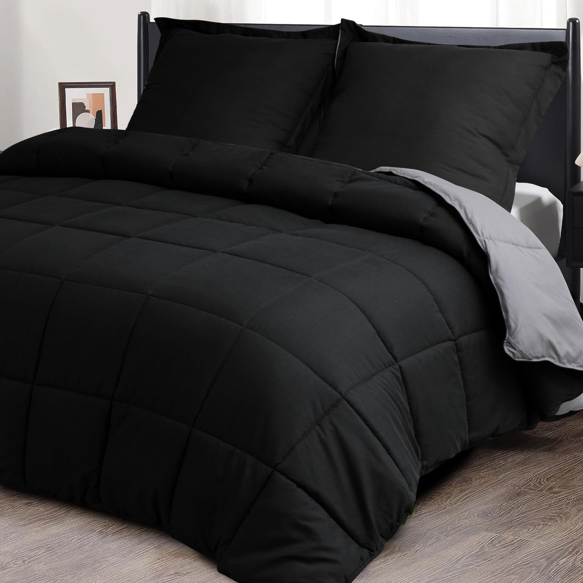 SnelShoppen - Dekbedovertrek 200 x 220 cm met 2 Kussenslopen 80 x 80 cm, Zacht en Pluizig Oeko-Tex Gecertificeerd Zwart Donsalternatief, Ideaal voor S