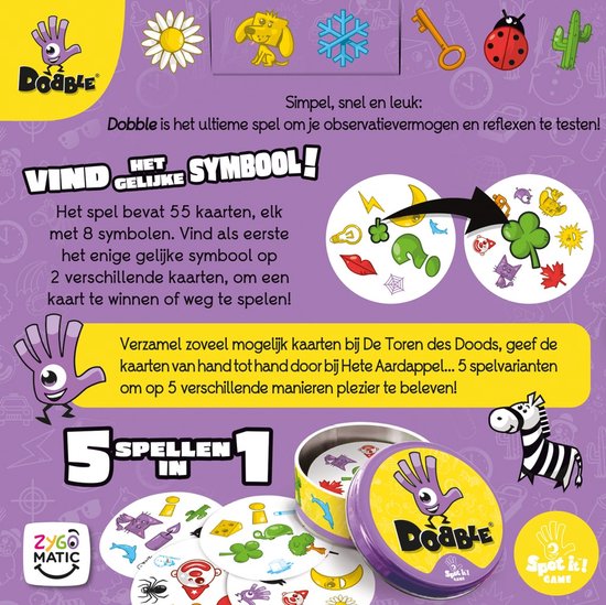 Spel Dobble met afbeeldingen van een hond, klaver, vraagteken, spinnenweb, en een lieveheersbeestje. Het spel bevat 55 kaarten met 8 symbolen per kaart.