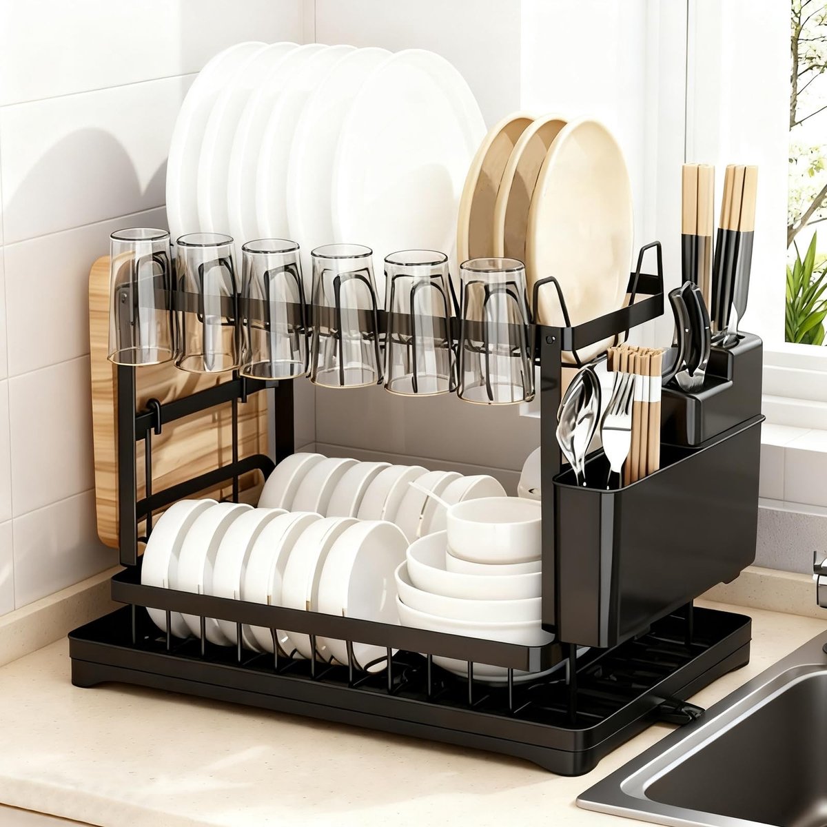 Dailygoods - Afwasrek voor Tafelgerei - 2-Laags Metalen Afwasrek met Bestekhouder