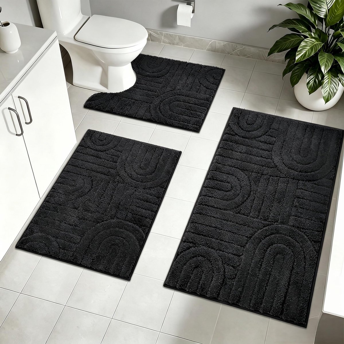 SnelShoppen - Microvezel Badmatten Set 3-delig - Zacht Antislip Badkamertapijt - Wasbaar - Zwart - Perfect voor Badkamer, Douche en Toilet