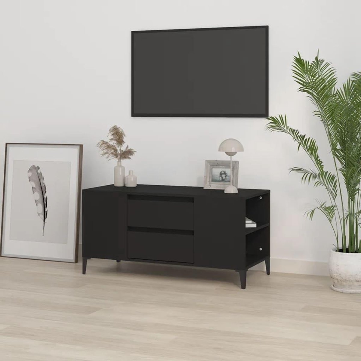 Tv-meubel - Mediabord Media kast - Opbergen Entertainment - 4 Open Vakken 2 Laden - 102x445x50 cm - Zwart