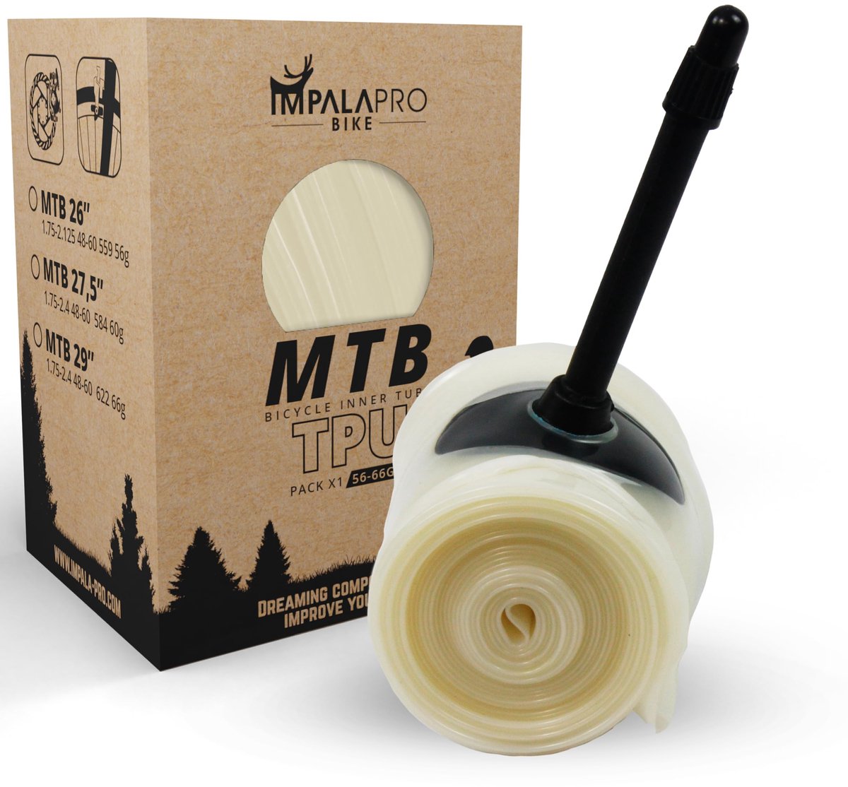 SnelShoppen - IMPALAPRO TPU Binnenband MTB 29, 27,5, 26 inch, Ultralicht (56-66g), Compact, Lekbestendig, Frans Ventiel Presta 45mm, 1 stuk, 27,5 inch