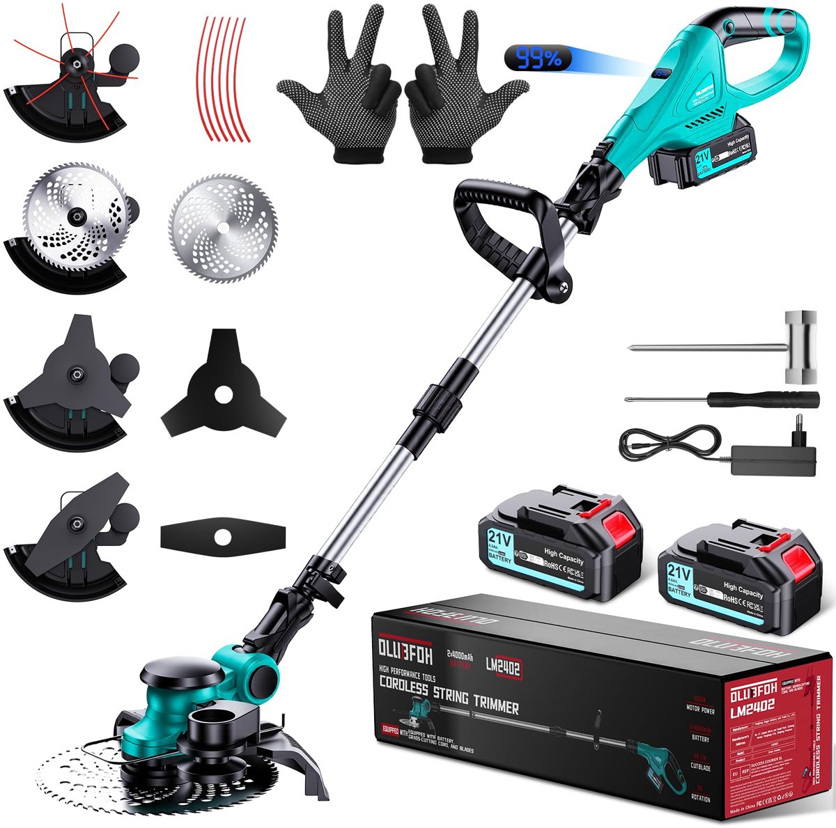 Accu Grastrimmer - Elektrisch Krachtig - Tuin Onderhouden - Borstelloze Motor - 2x 4000mAh - Blauw