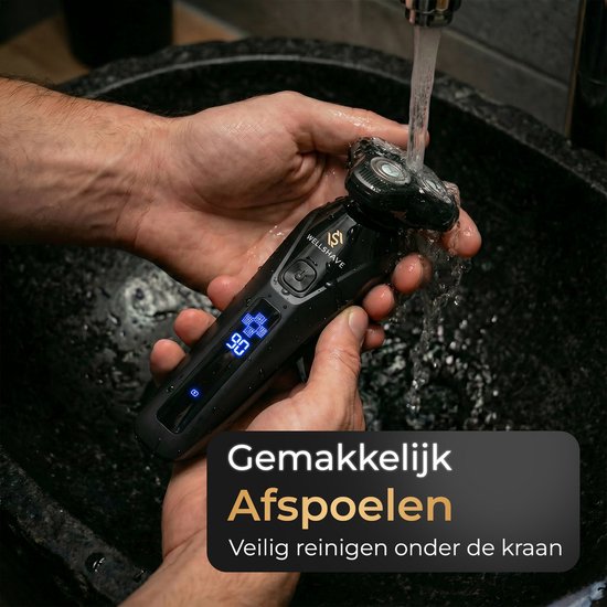 Handen spoelen zwart scheerapparaat af onder een kraan. Tekst: "Gemakkelijk Afspoelen".