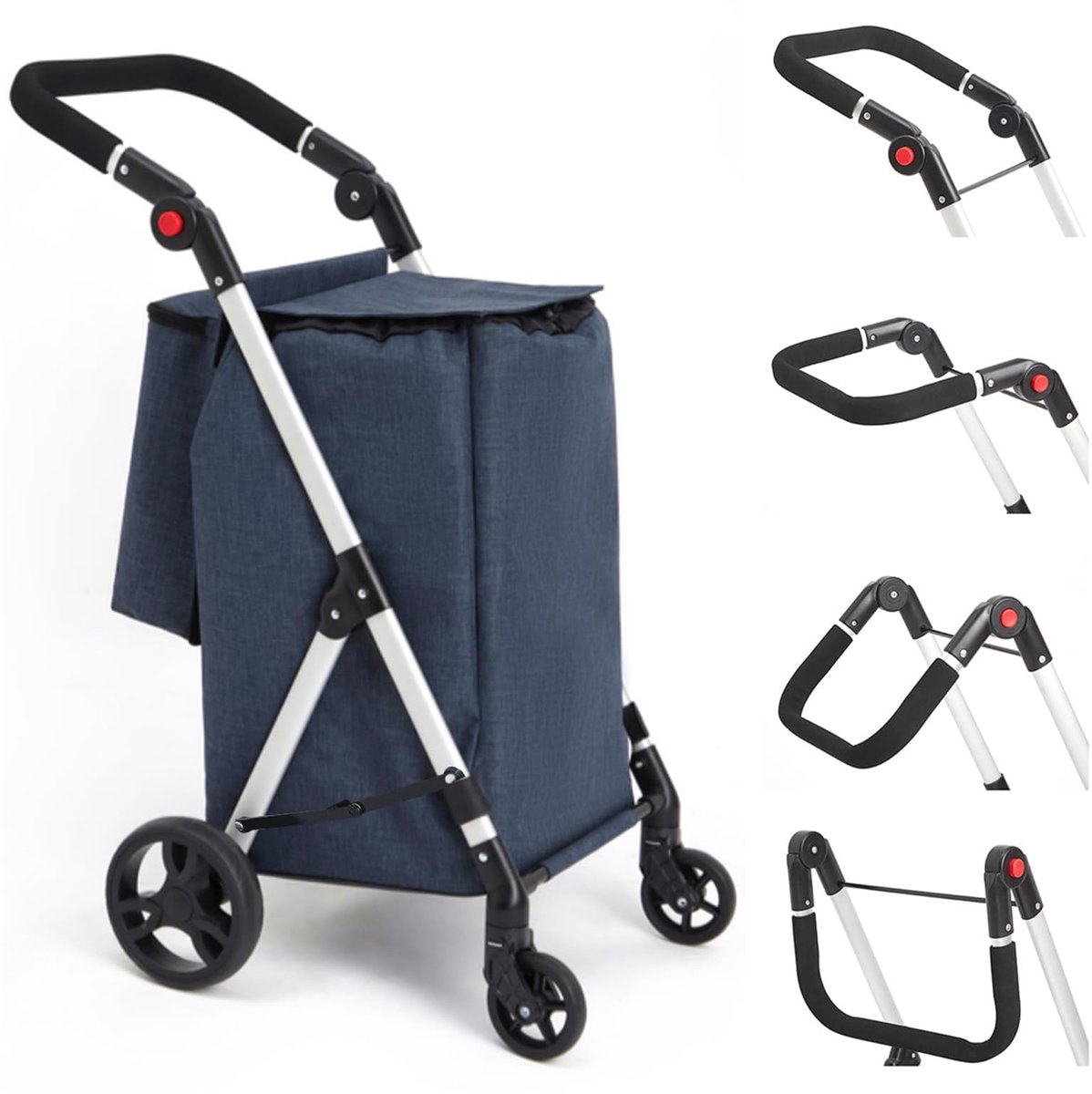 SnelShoppen - Opvouwbare Boodschappentrolley met 4 Wielen - Aluminium Winkelwagentje met 46L Inhoud en Geïsoleerde Koeltas - Blauw - Perfect voor Bood