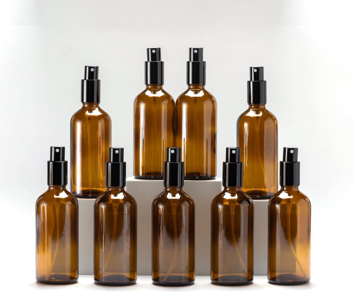 SnelShoppen - Yizhao Amber Glas Spray Fles 100ml met Fijne Nevelspray en Metalen Dop, Navulbaar voor Essentiële Olie, Reizen, Schoonmaken, Parfum, Aro