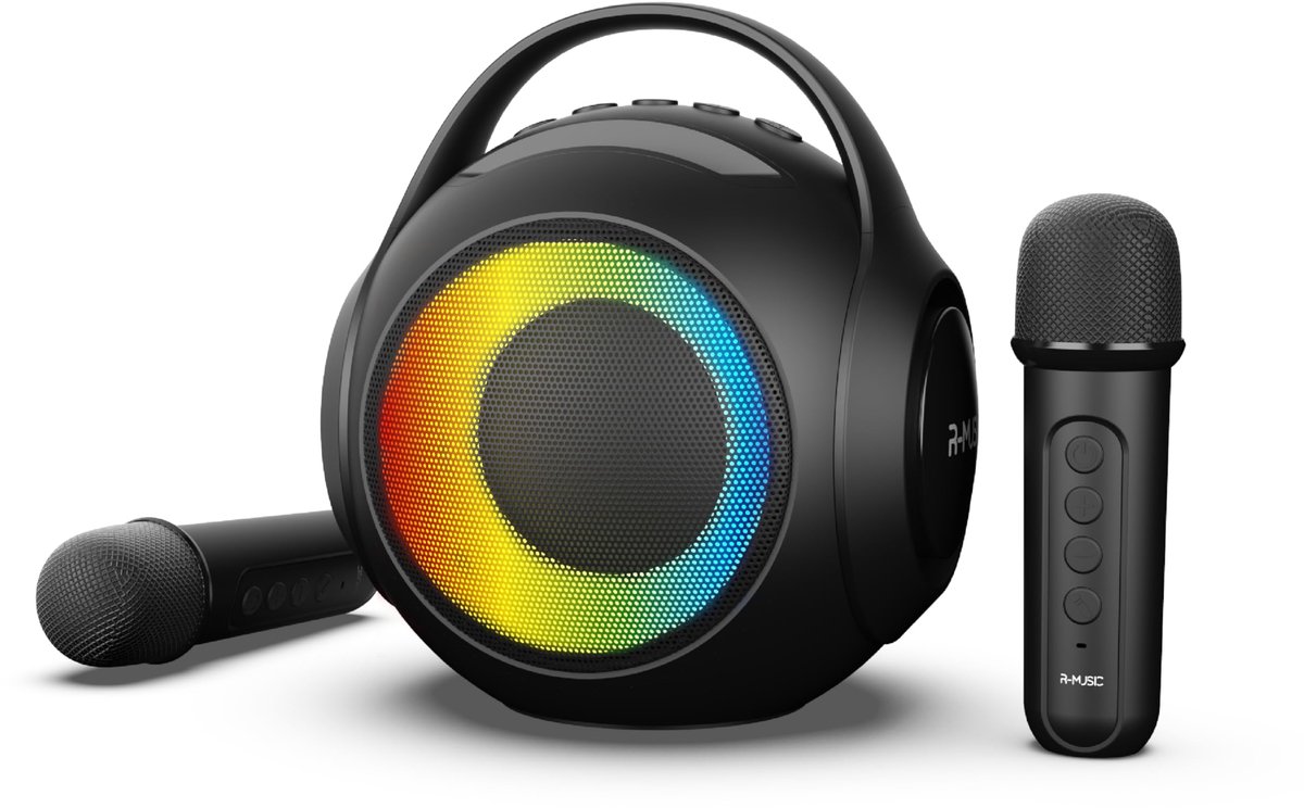 SnelShoppen - Draadloze RGB-luidspreker met 2 karaoke-microfoons - AUX/Micro SD/USB-poorten, 11 lichtspelletjes, smartphonehouder voor feesten, campin