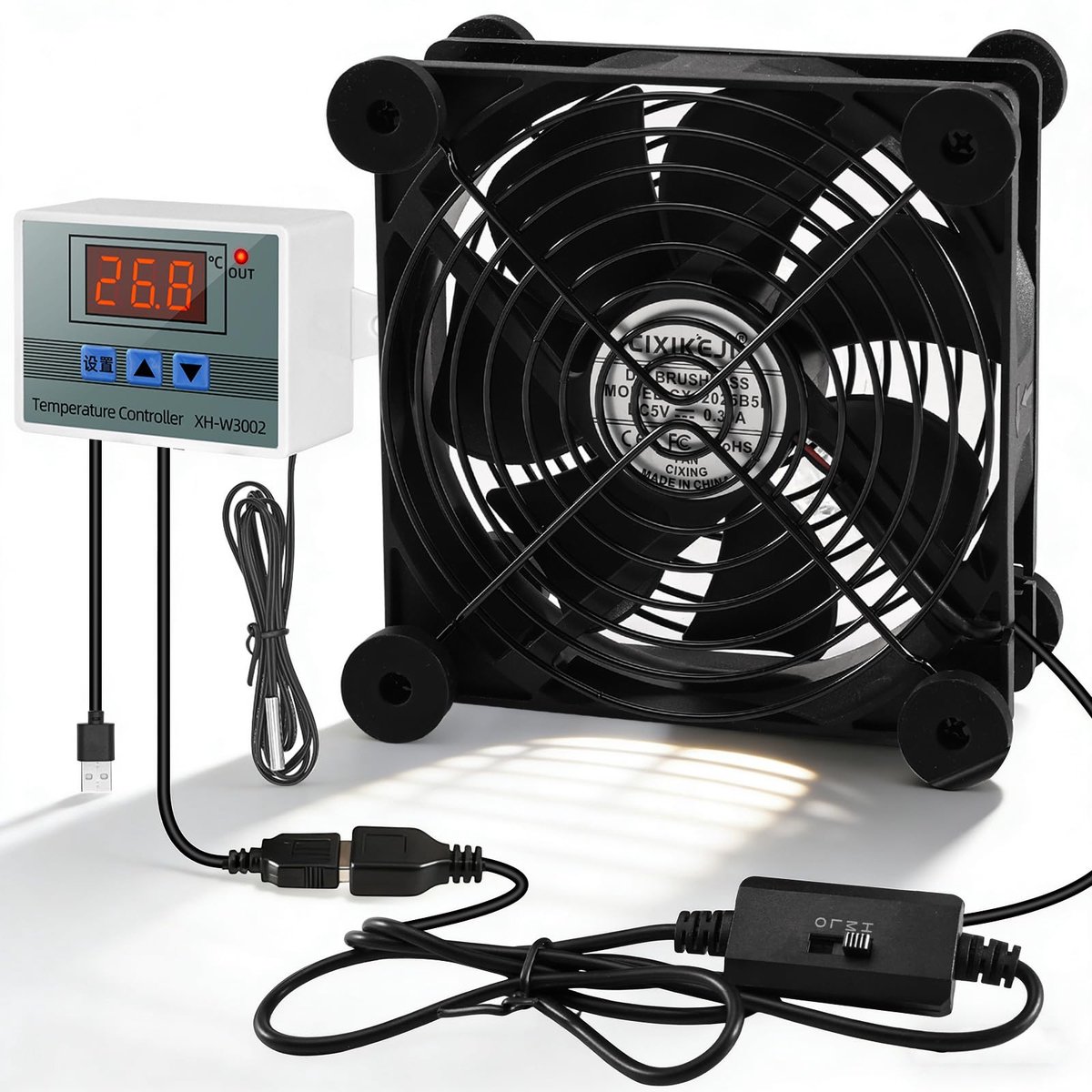 SnelShoppen - 120 mm USB-ventilator met Digitale Temperatuurregelaar - PC-ventilator, Behuizingsventilator met 3 Snelheden en Dubbele Kogellagers - Id