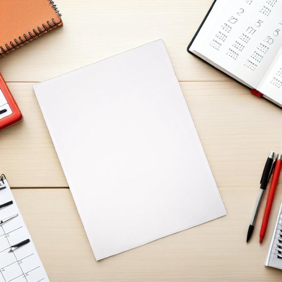 Bureau met A4 papier, kalender, notitieboekjes en pennen.
