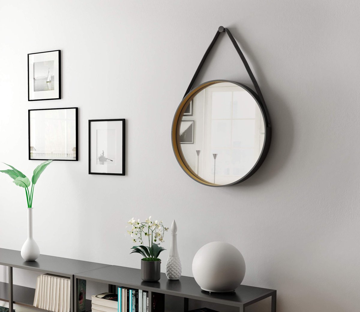 SnelShoppen - Talos Golden Style Ronde Spiegel Ø 55 cm - Hoogwaardige Aluminium Lijst in Zwart/Goud - Inclusief Ophangband in Lederlook voor Woonkamer