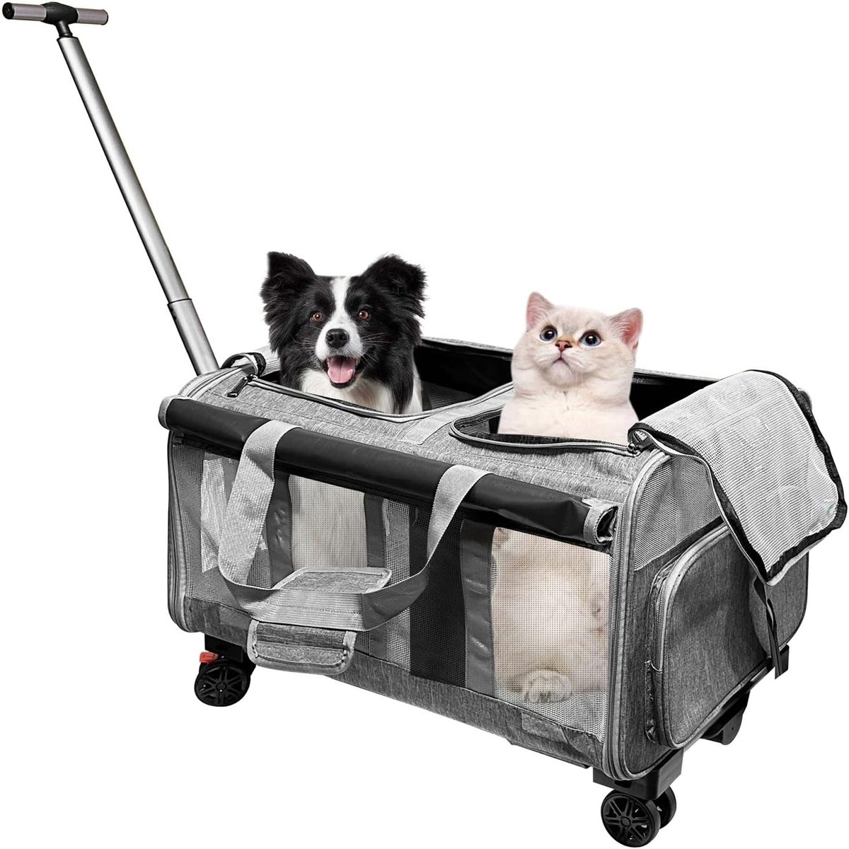 Umelee Huisdierdraagtas voor 2 Katten/Honden, met 2 Compartimenten + 4 Wielen + Telescopisch Handvat, Opvouwbare Grote - ShopVlot